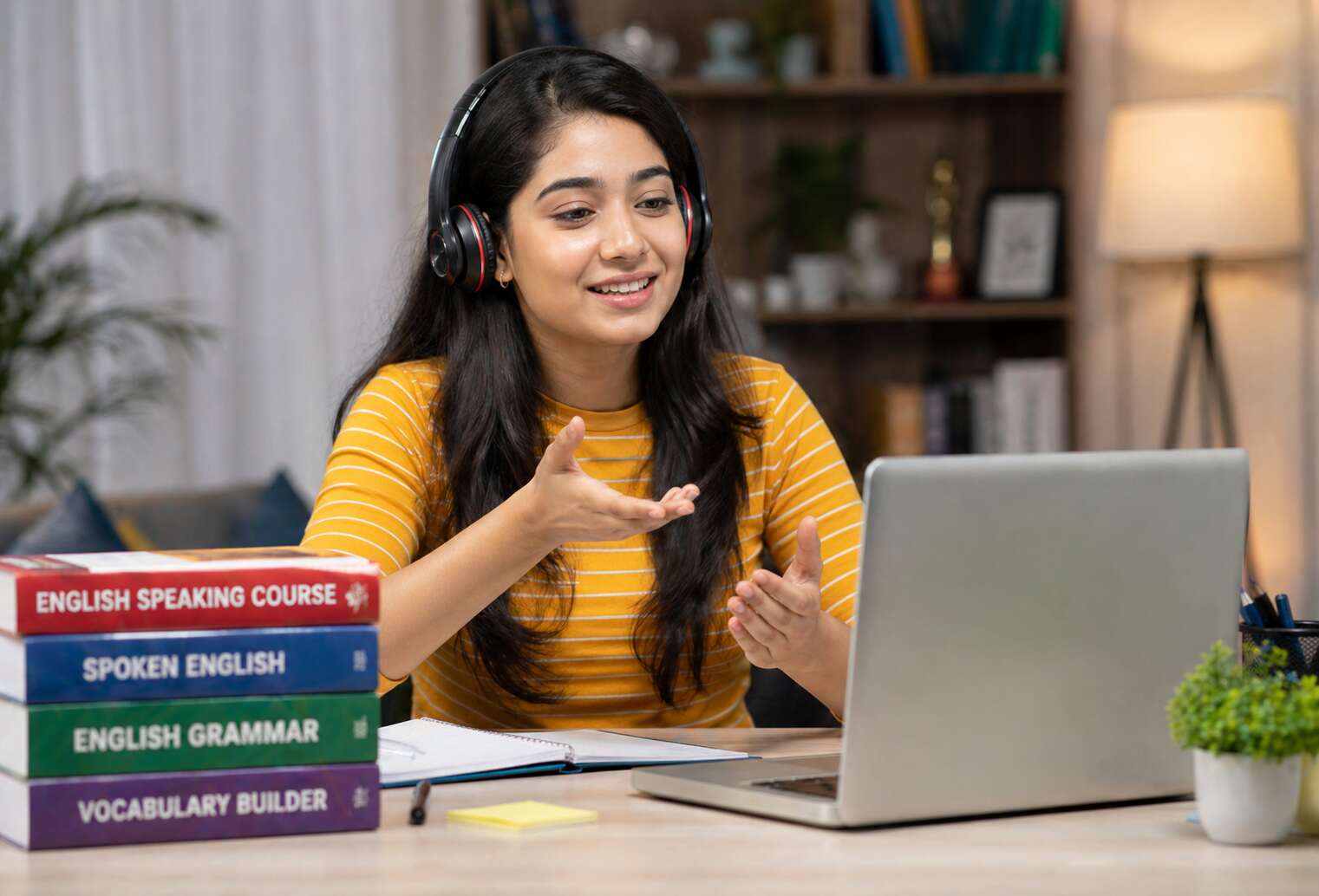 A Girl practicing spoken English at home by speaking aloud and listening to audio lessons