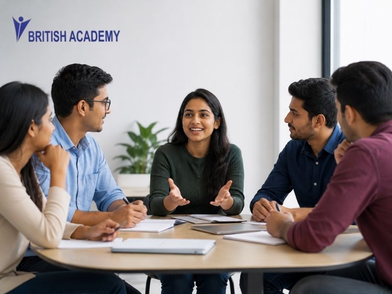 Students participating in a group discussion activity in an English classroom