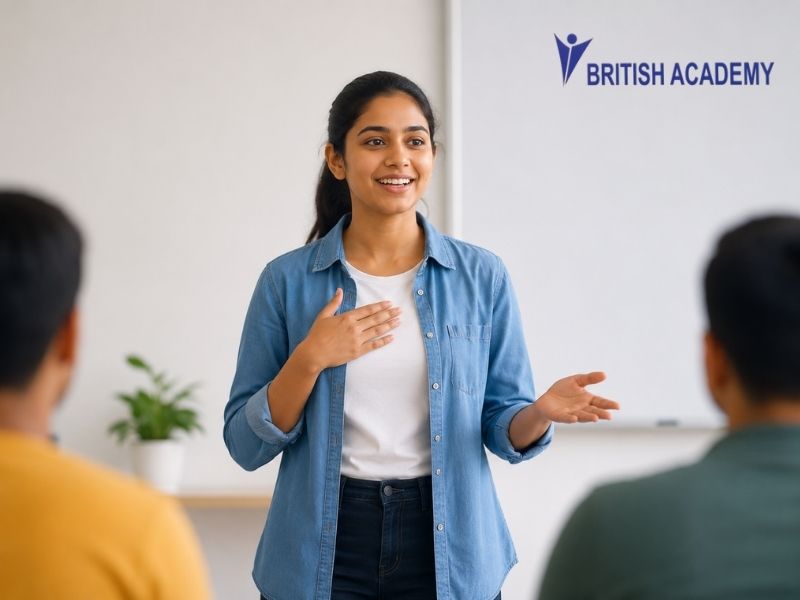 Student giving a confident self-introduction in english for students during a classroom presentation